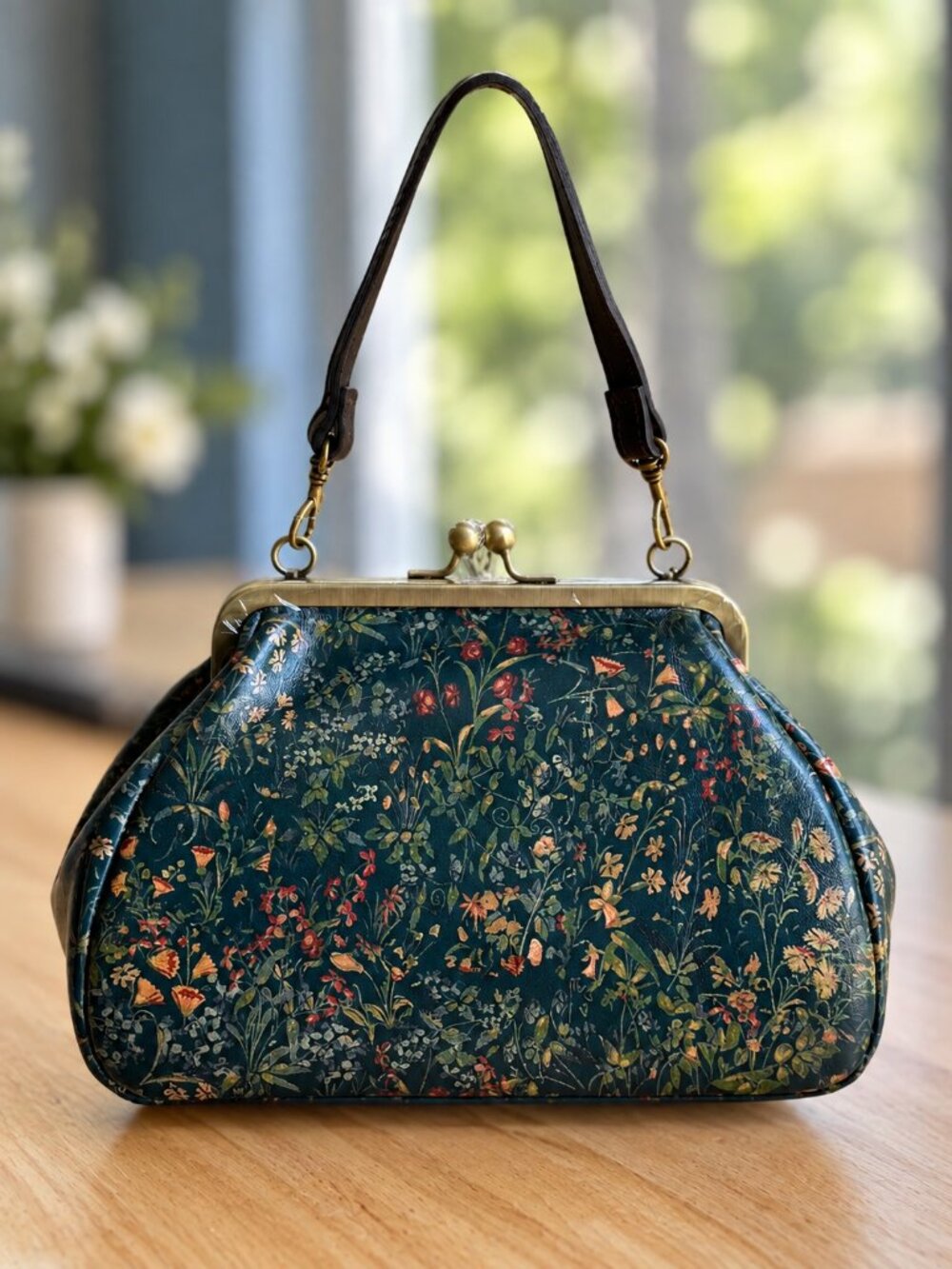 Patricia Nash Dark Teal Floral Kiss-Lock Crossbody Bag